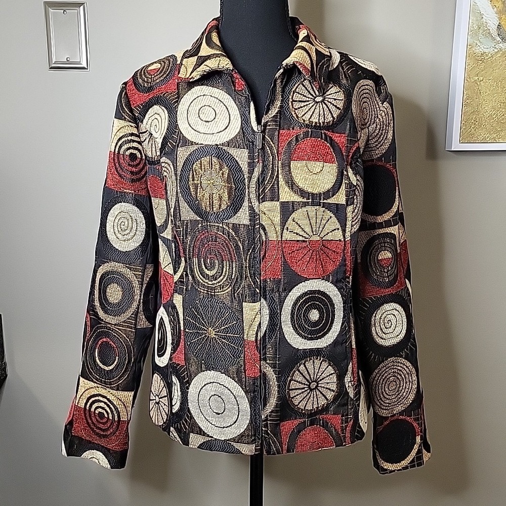 Christopher & Banks‎ Brown, Black Red Swirl 2009 Zip Jacket Pockets Women Size L
